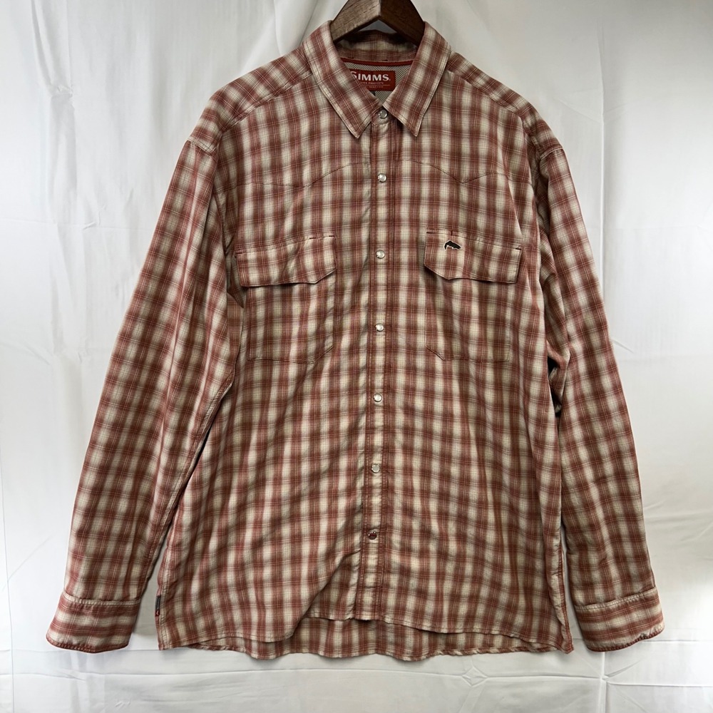 Simms Fishing Shirt Mens XL Red Plaid Vented Pearl Snap Long‎ Sleeve